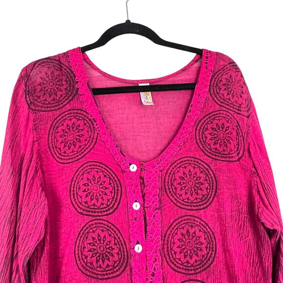 INDIA BOUTIQUE Boho Crinkle Cotton Embroidered Button Front Tunic Bell Sleeves - Picture 2 of 6